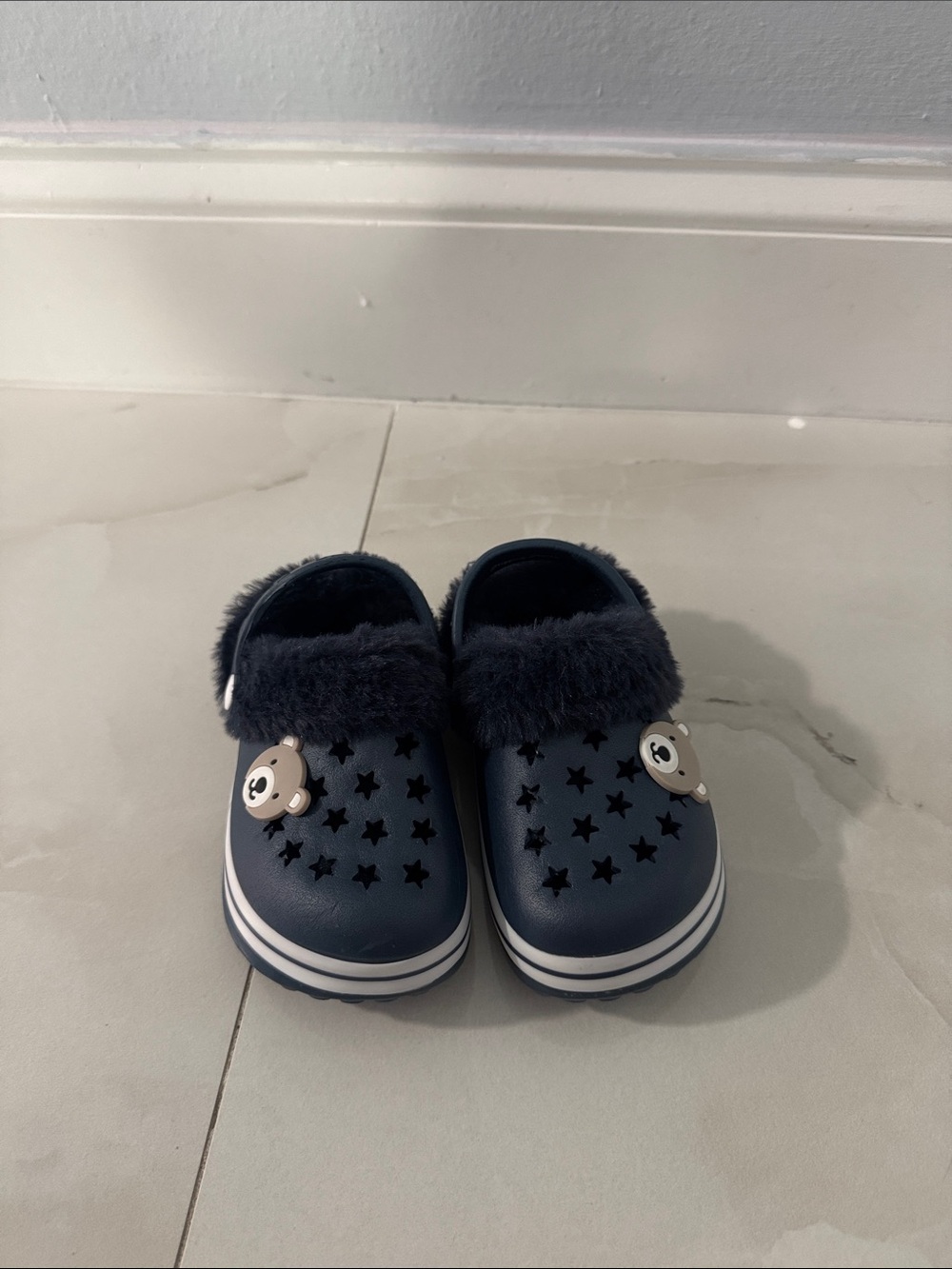 Kids Navy Faux-Fur Star Slip-On Clogs with Bear Charm